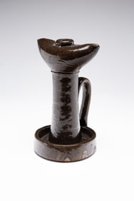 UNUSUAL DALTON, OHIO STONEWARE DOUBLE-SPOUTED GREASE LAMP WITH ALBANY GLAZE.