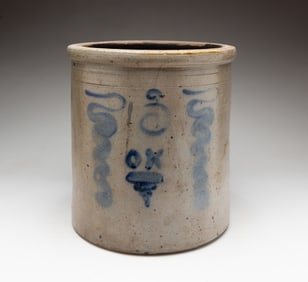 WILLIAM HENRY HARRISON PRESIDENTIAL CAMPAIGN STONEWARE JAR WITH COBALT DECORATION.