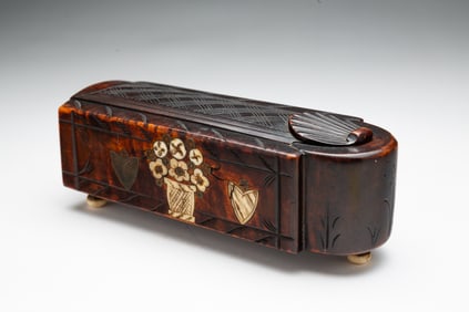 BEAUTIFULLY MADE CARVED AND INLAID FOLK ART DIMINUTIVE SLIDE LID WOOD BOX OR ETUI BY WESTERN PENNSYL