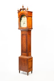 WESTERN PENNSYLVANIA SHERATON TIGER MAPLE TALL CASE CLOCK.