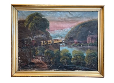 NAIVE LANDSCAPE WITH LOCOMOTIVE ON BRIDGE WITH BALTIMORE-OHIO RAILROAD CAR AND STEAMBOAT.