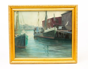 "ROCKPORT HARBOR" BY GEORGE DINCKEL (OHIO AND MASSACHUSETTS, 1891-1976).