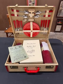 BAKELITE FOURTH OF JULY PICNIC SET IN ADVERTISING PREMIUM TIN CASE FOR FECKLEY FORD IN MEDINA, OHIO.