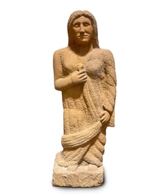 CARVED FOLK ART SANDSTONE STANDING GRECIAN WOMAN BY ERNEST "POPEYE" REED (OHIO, 1919-1985).