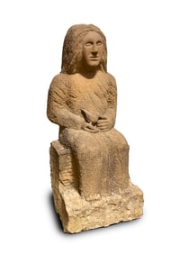 CARVED FOLK ART SANDSTONE SEATED GRECIAN STYLE WOMAN BY ERNEST "POPEYE" REED (OHIO, 1919-1985).