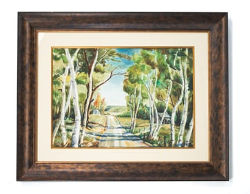 "LANDSCAPE OF COUNTRY ROAD WITH BIRCH TREES" BY EMERSON BURKHART (1905-1969).