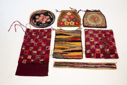 GROUP OF HOOKED RUG CHAIR SEATS AND COVERS BY CATHERINE AUGENSTEIN (MARION, OHIO).
