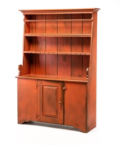 GERMANTOWN, OHIO BENCHMADE REPRODUCTION PAINTED OPEN PEWTER CUPBOARD.