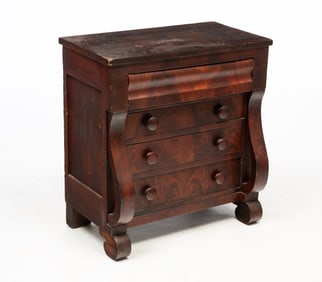 YOUTH-SIZE WEST VIRGINIA MAHOGANY EMPIRE CHEST OF DRAWERS.