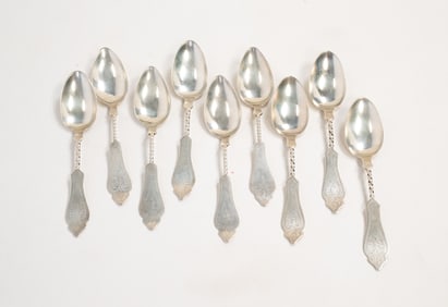NINE CINCINNATI TWIST HANDLE COIN SILVER SPOONS SIGNED C. OSKAMP.