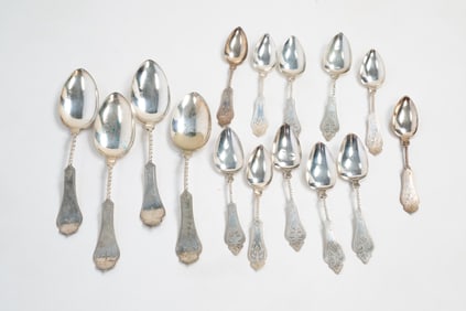 FIFTEEN CINCINNATI TWIST HANDLE COIN SILVER SPOONS SIGNED C. HELLEBUSH.