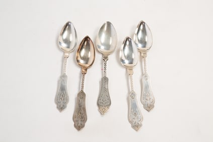 FIVE CINCINNATI TWIST HANDLE COIN SILVER TEASPOONS SIGNED C. HELLEBUSH