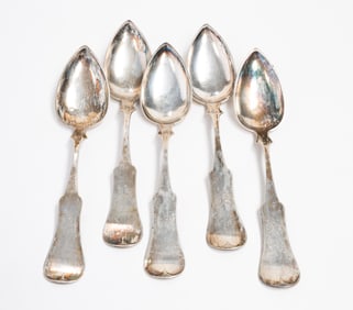 FIVE CINCINNATI COIN SILVER TABLESPOONS SIGNED E & D KINSEY.