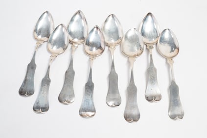 EIGHT CINCINNATI COIN SILVER TABLESPOONS SIGNED E & D KINSEY.