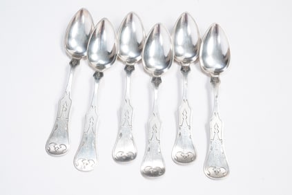 SIX CINCINNATI COIN SILVER TEASPOONS SIGNED E & D KINSEY.