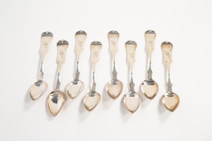 EIGHT XENIA COIN SILVER TEASPOONS BY W.T. STARK.