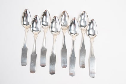 SET OF EIGHT CINCINNATI COIN SILVER SPOONS SIGNED R. BEST.
