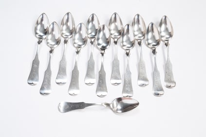 TWELVE CINCINNATI COIN SILVER TEASPOONS SIGNED C. OSKAMP.