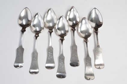 SEVEN CINCINNATI COIN SILVER TABLESPOONS SIGNED OSKAMP.
