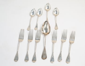 GROUP OF JOHN POLHAMUS TWIST HANDLE COIN SILVER UTENSILS.