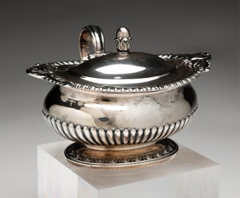 GEORGE III ENGLISH SILVER LIDDED CONDIMENT BY PAUL STORR (1770-1844).