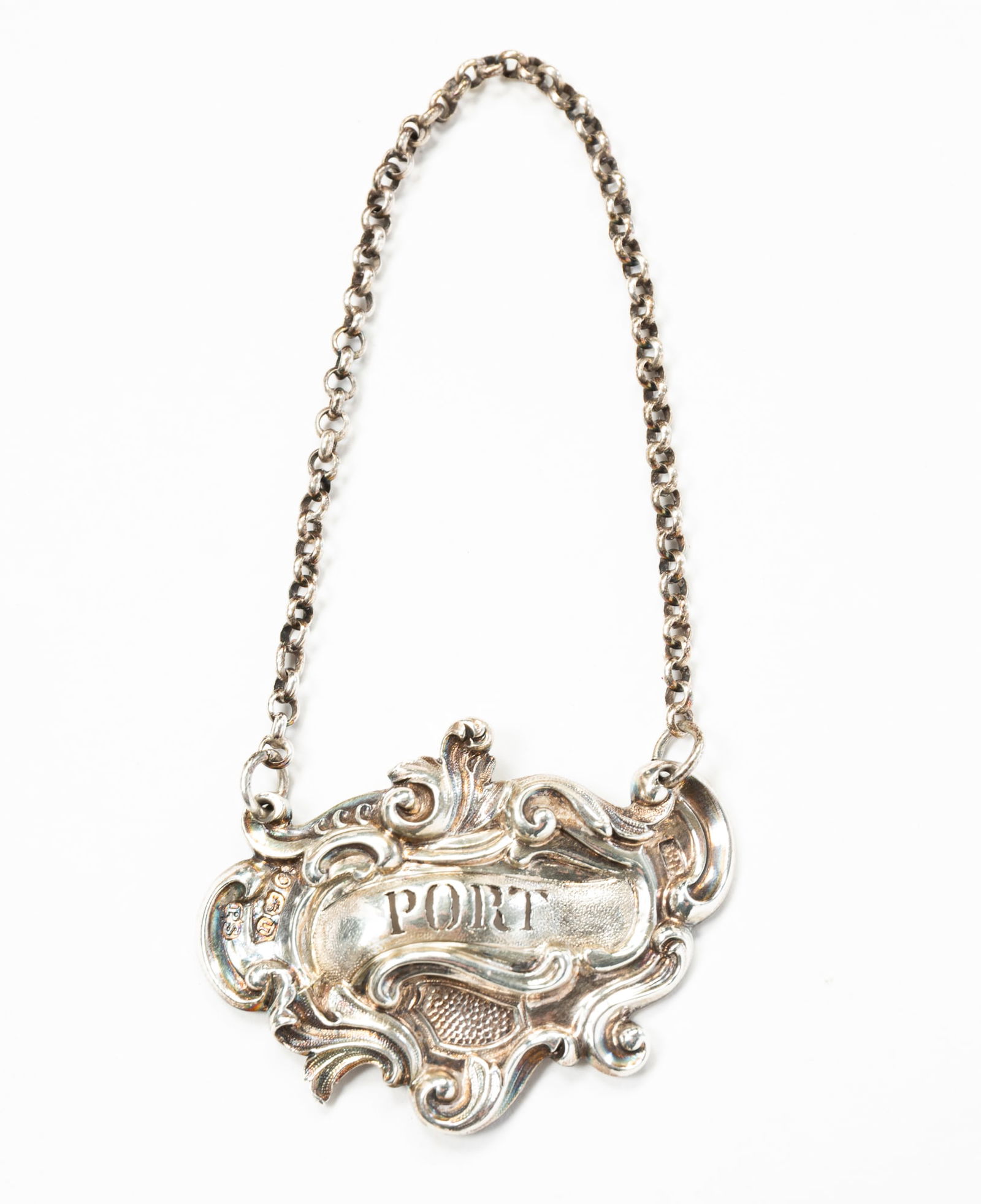 GEORGE III ENGLISH SILVER "PORT" BOTTLE LABEL BY PAUL STORR (1770-1844). (1 of 3)