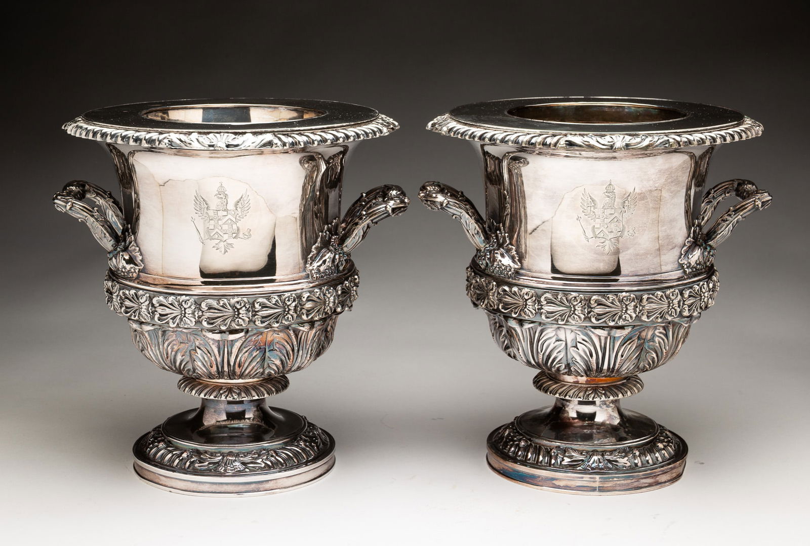 WONDERFUL PAIR OF ENGLISH REGENCY SHEFFIELD SILVER PLATE CHAMPAGNE OR WINE COOLERS BY MATTHEW BOULTO: England (Birmingham), 18th Century. Hallmarks with maker's old Sheffield plate twin sun mark. Pedestal coolers in three parts with urn body, collars, and liners. Shell and gadrooned circular opening,