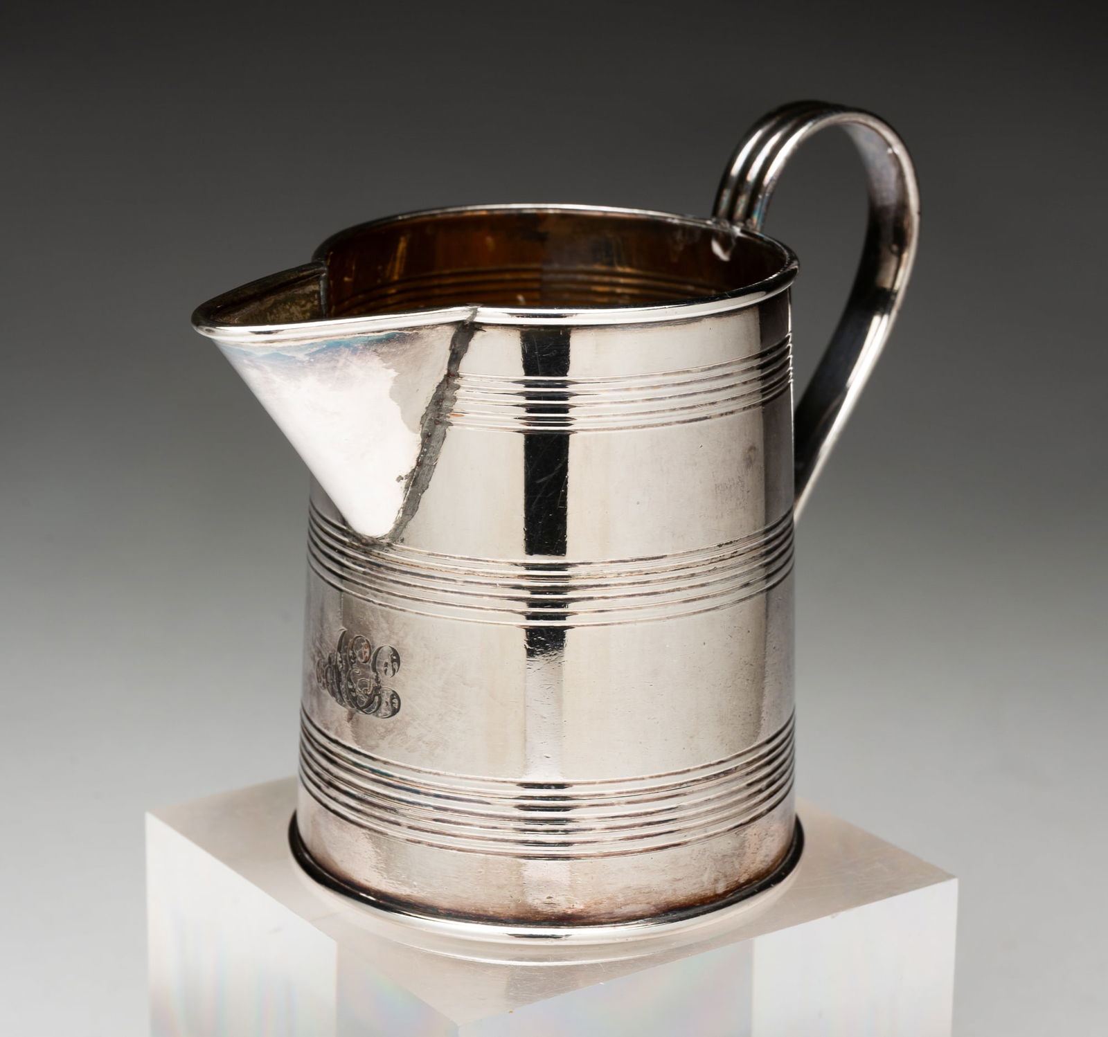 UNUSUAL DIMINUTIVE ENGLISH REGENCY SHEFFIELD SILVER PLATE CREAMER BY MATTHEW BOULTON (1728-1809). (1 of 6)