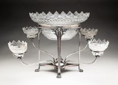 GEORGE III ENGLISH SHEFFIELD SILVER PLATE FIVE BASKET EPERGNE BY MATTHEW BOULTON (1728-1809).