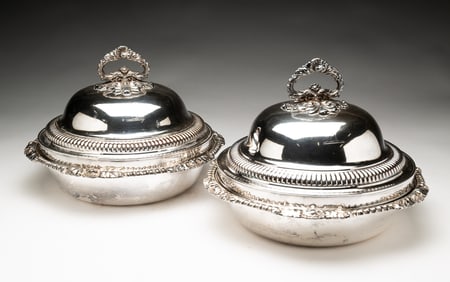MATTHEW BOULTON PAIR OF ENGLISH SHEFFIELD SILVER COVERED TUREENS.