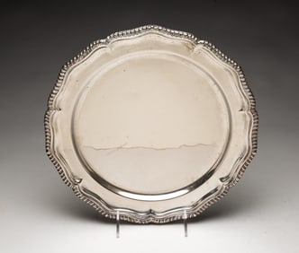 GEORGIAN-STYLE SILVER PLATED LOBED CIRCULAR PLATTER.
