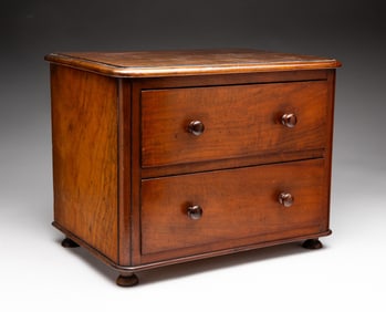 TWO DRAWER MINIATURE MAHOGANY CHEST.