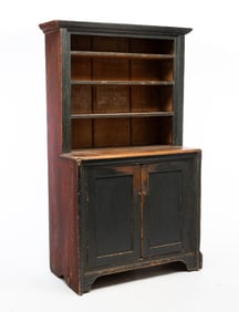 PAINTED OPEN PEWTER STEPBACK CUPBOARD.