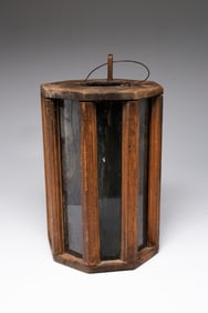 EARLY WOOD AND GLASS CANDLE LANTERN.