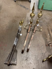 STEEPLE TOP ANDIRONS AND TOOLS.