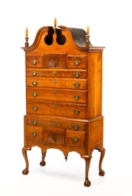CHIPPENDALE BONNET TOP HIGH CHEST.