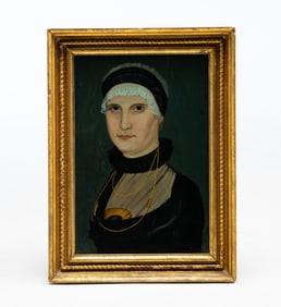 WONDERFUL REVERSE-PAINTED PORTRAIT OF ABIGAIL STETSON SPRAGUE IN MOURNING DRESS ATTRIBUTED TO WILLIA