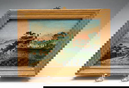DIMINUTIVE FOLK ART LANDSCAPE.: American, 19th Century. Mixed media on paper. View of a house atop a hill looking out over a village with a sailboat at sea, titled "Barley Wood". Partially legible inscription to back of frame, but r