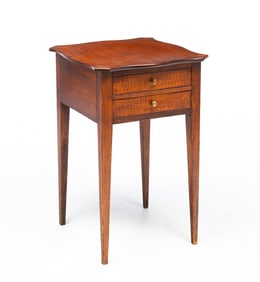HEPPLEWHITE TIGER MAPLE TWO DRAWER STAND WITH TURTLE TOP.