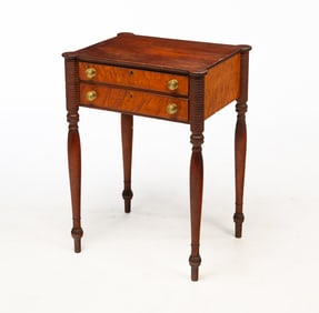 SHERATON TWO DRAWER STAND WITH BISCUIT CORNERS.