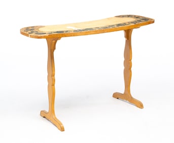 UNUSUALLY SHAPED PAINT DECORATED STAND.