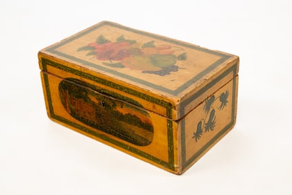 SCHOOL GIRL PAINTED AND DECORATED SEWING BOX.