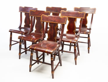 SET OF SIX COUNTRY EMPIRE GRAIN PAINTED CHAIRS.