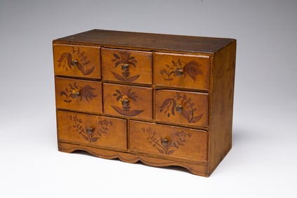 EARLY PAINT DECORATED TABLE TOP SPICE CHEST.
