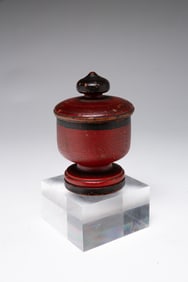 MINIATURE PAINTED TREENWARE FOOTED COVERED JAR (OR COMPOTE) IN ORIGINAL PAINT.