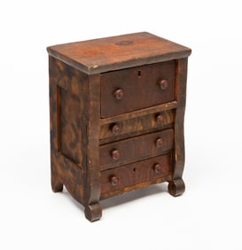 DOLL SIZE EMPIRE PAINT DECORATED CHEST OF DRAWERS.