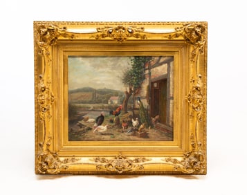 BARNYARD SCENE WITH PEACOCK BY CHARLES C. HOFMANN (1812-1882).