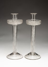 PAIR TWISTED STEM AND ETCHED GLASS CANDLESTICKS.