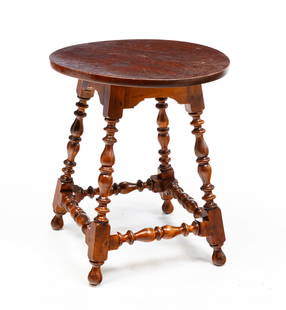 WALLACE NUTTING WILLIAM AND MARY STYLE MAPLE TAVERN TABLE.: Wallace Nutting, ca.1918-1941. Maple. Round top, splayed turned legs and turned stretchers. Branded label under top. 24"h. 20.75" dia.