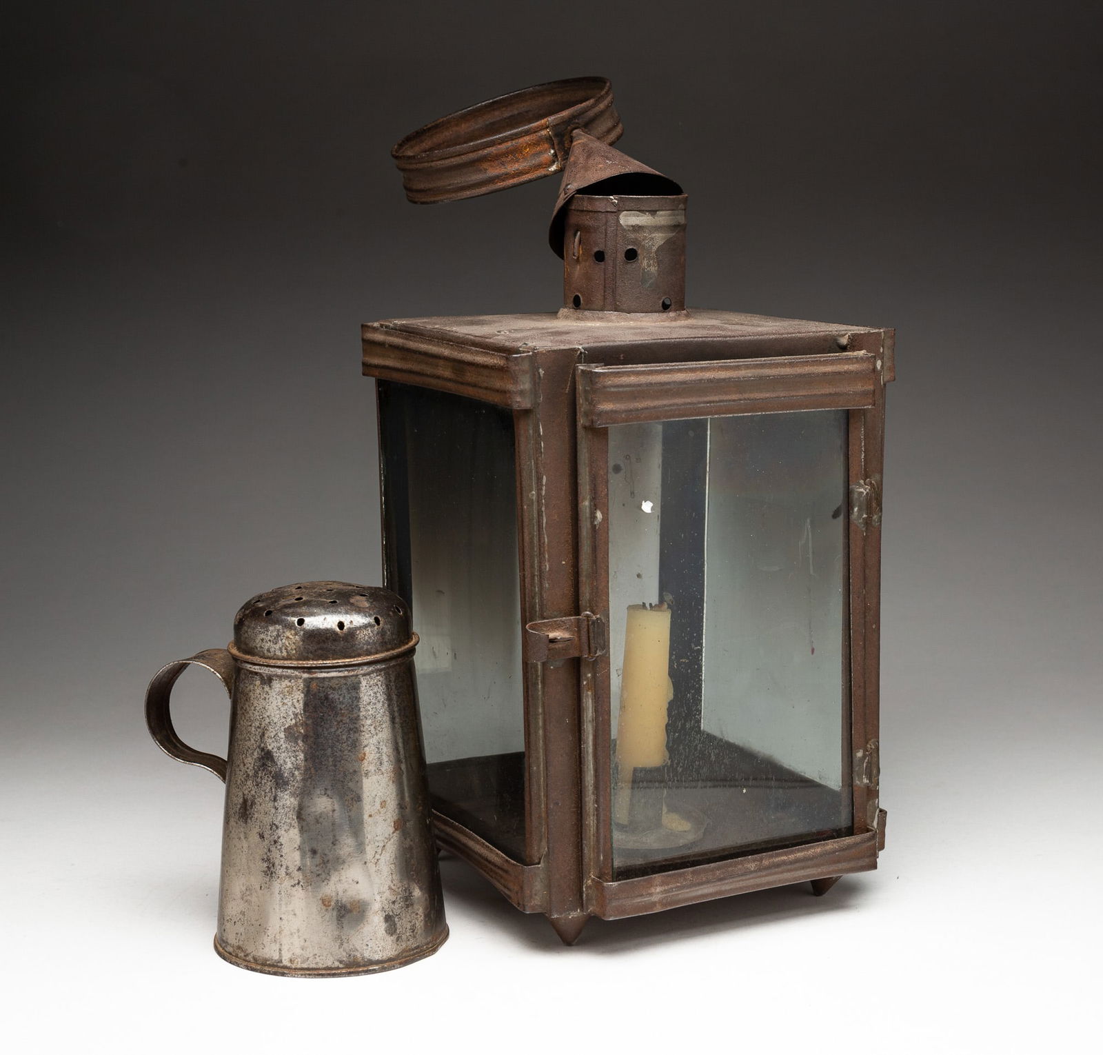 AMERICAN TIN CANDLE LANTERN AND SUGAR SHAKER. (1 of 4)